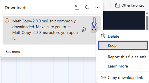 Choose Keep or Keep anyway to save the MathCopy installer