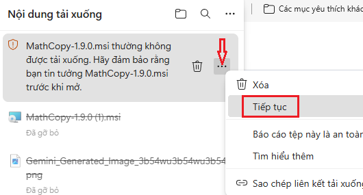 Chọn Tiếp tục hoặc Vẫn tiếp tục để lưu tệp cài đặt MathCopy