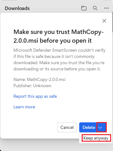 Choose Keep or Keep anyway to save the MathCopy installer