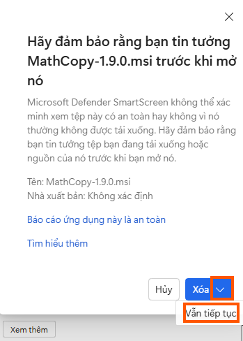 Chọn Tiếp tục hoặc Vẫn tiếp tục để lưu tệp cài đặt MathCopy