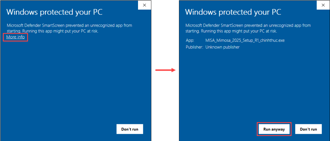 Nhấn More info rồi Run anyway trên hộp thoại Windows protected your PC
