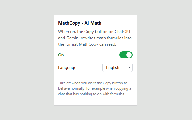 The MathCopy - AI Math extension popup after pinning, switch turned on