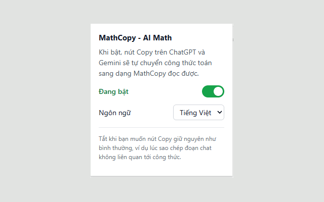 Popup của tiện ích MathCopy - AI Math sau khi ghim, công tắc đang bật